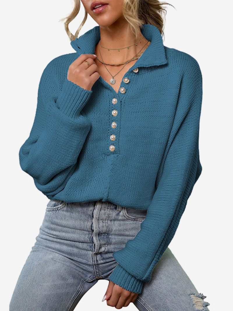 Pull Tricoté Pour Femmes Boutons Manches Longues Poignets Côtelés Simple - Bleu