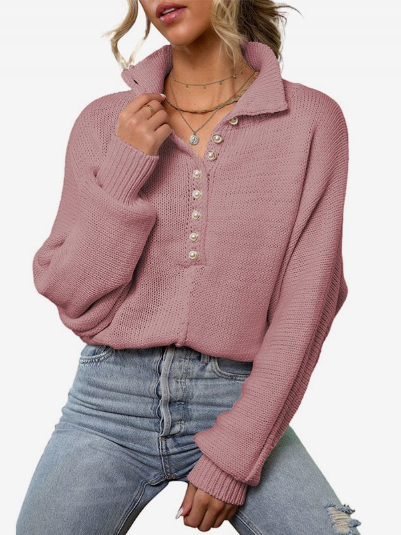 Pull Tricoté Pour Femmes Boutons Manches Longues Poignets Côtelés Simple - Rose