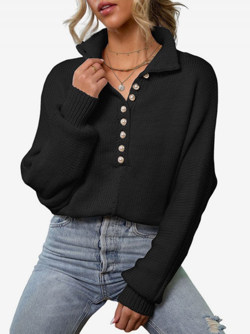 Pull Tricoté Pour Femmes Boutons Manches Longues Poignets Côtelés Simple - Noir