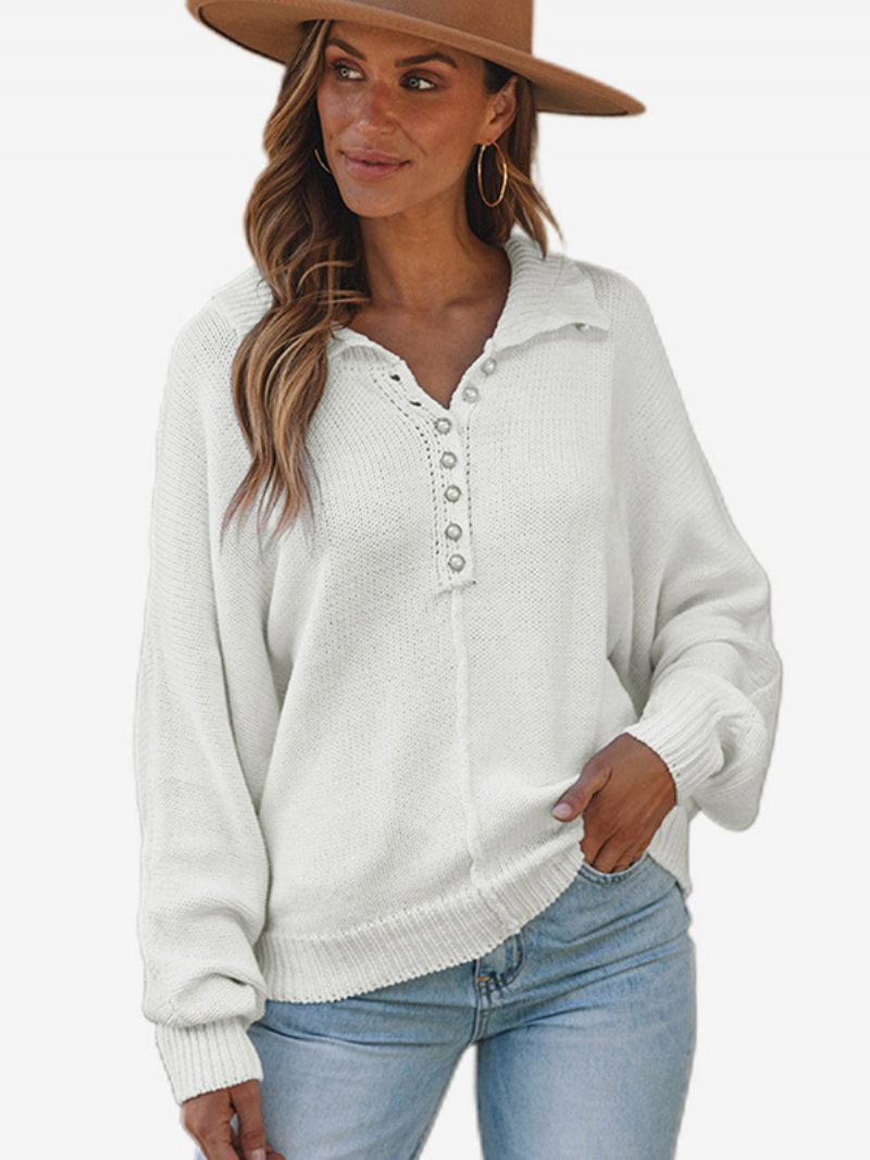 Pull Tricoté Pour Femmes Boutons Manches Longues Poignets Côtelés Simple - Blanc