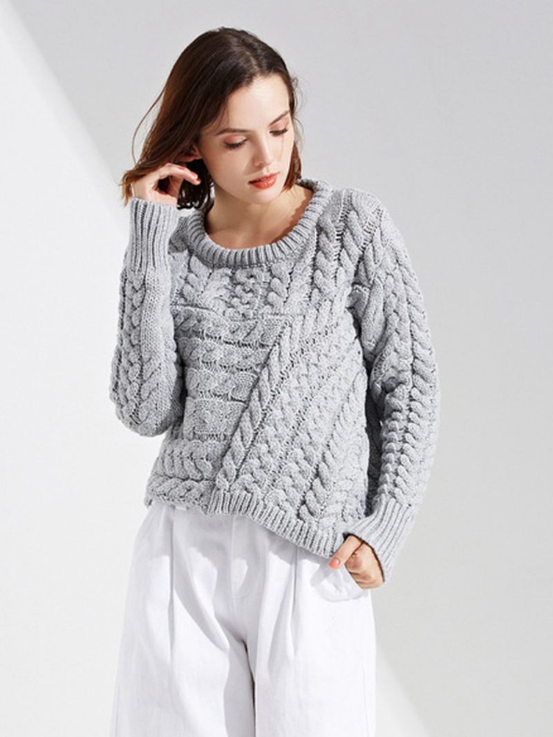 Pull Tricoté Torsadé Pour Femmes Col Rond Manches Longues Poignets Côtelés Décontracté - Gris