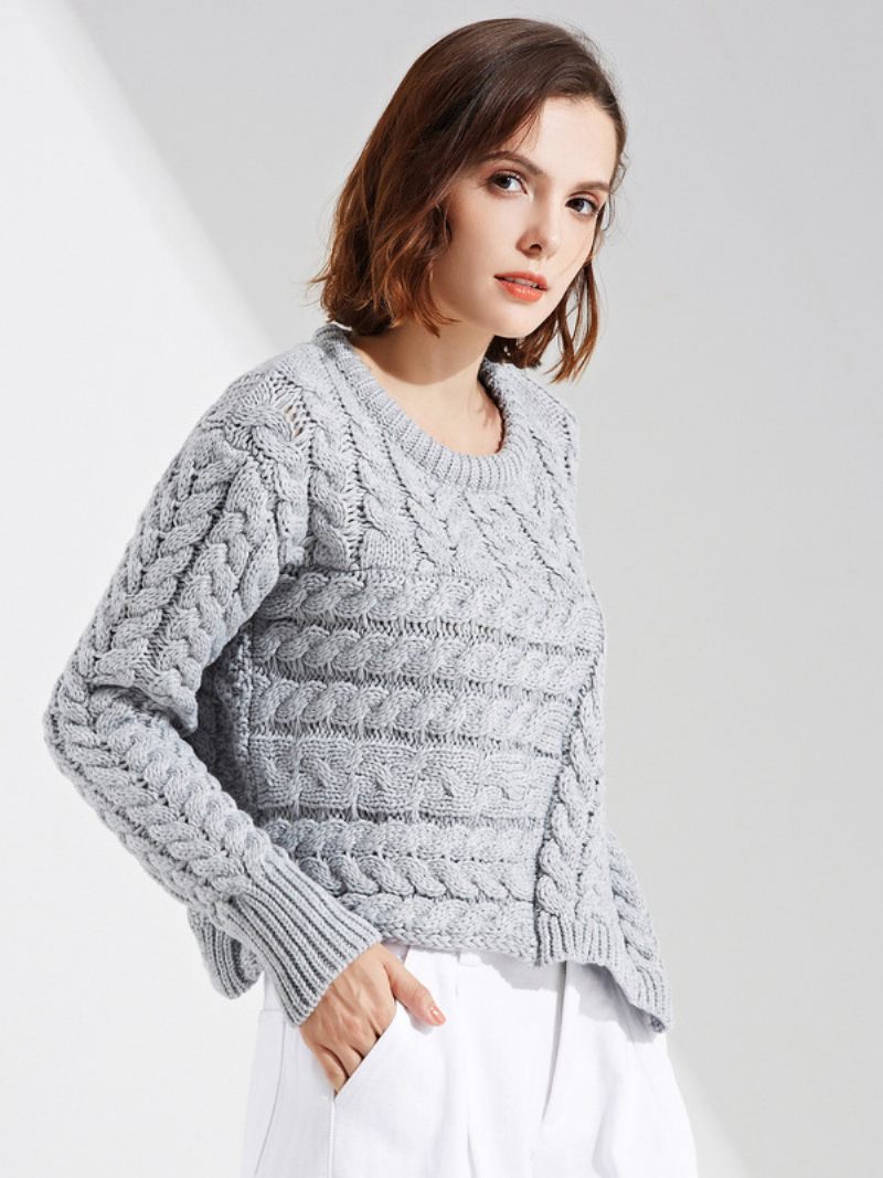 Pull Tricoté Torsadé Pour Femmes Col Rond Manches Longues Poignets Côtelés Décontracté - Gris