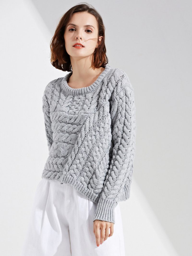 Pull Tricoté Torsadé Pour Femmes Col Rond Manches Longues Poignets Côtelés Décontracté - Gris