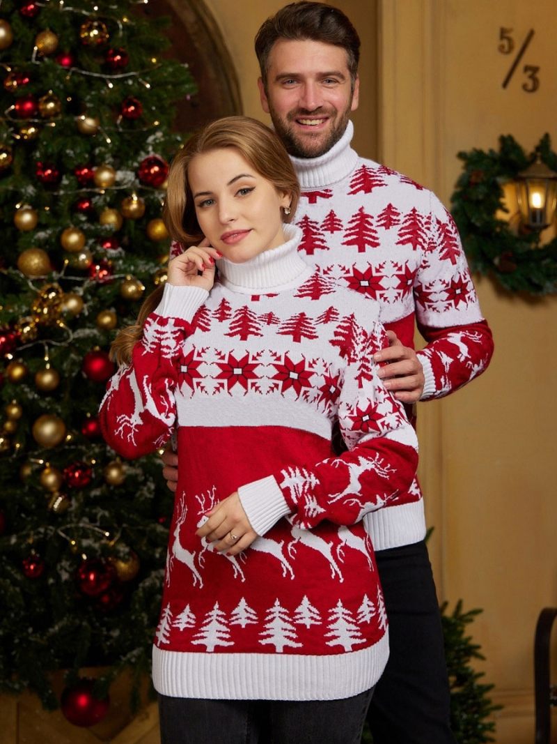 Pulls Couple Pour Femmes Col Haut Tricot Noël 2024 - Blanc