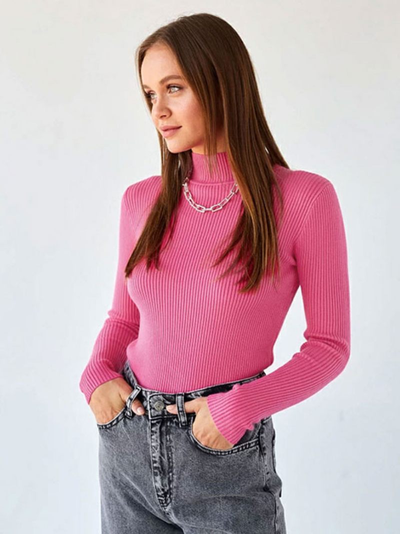 Pulls Hauts Pour Femmes Gris Col Haut Manches Longues - Rose