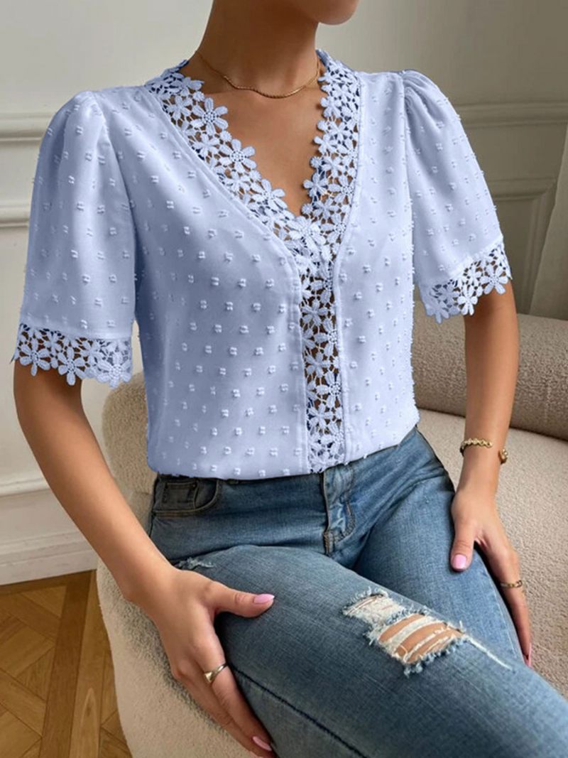 Chemise Pour Femmes Blanc Applique Col V Décontracté Manches Courtes Hauts - Bleu Ciel Clair