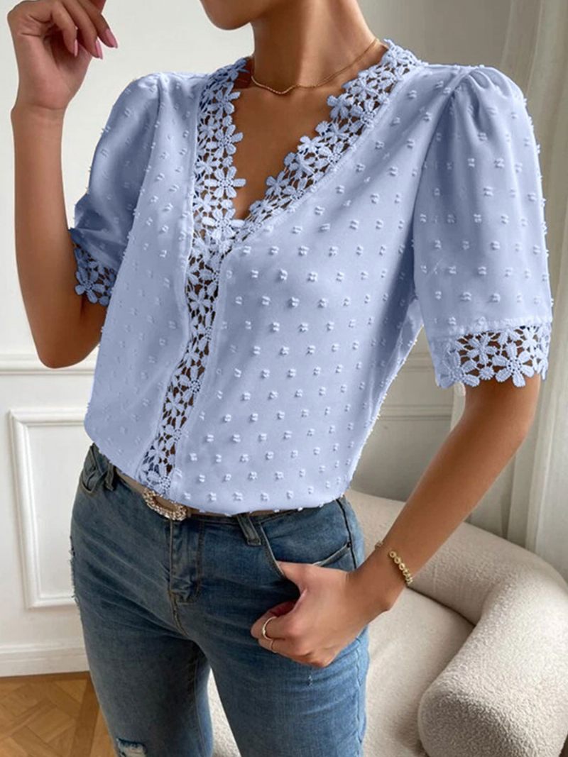 Chemise Pour Femmes Blanc Applique Col V Décontracté Manches Courtes Hauts - Bleu Ciel Clair