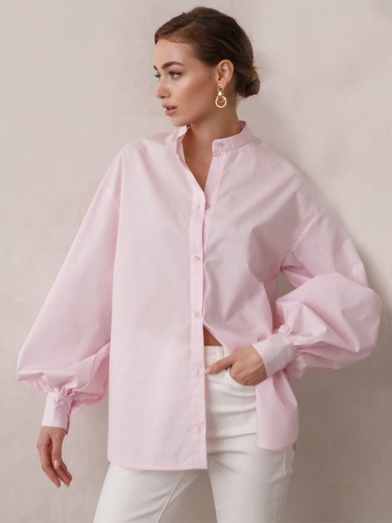 Chemise Pour Femmes Boutons Blancs Col Rabattu Décontracté Haut Manches Longues - Rose