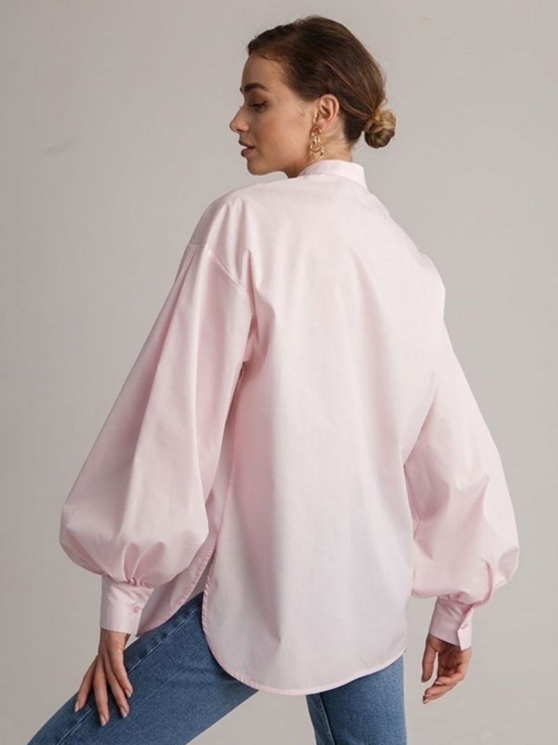 Chemise Pour Femmes Boutons Blancs Col Rabattu Décontracté Haut Manches Longues - Rose