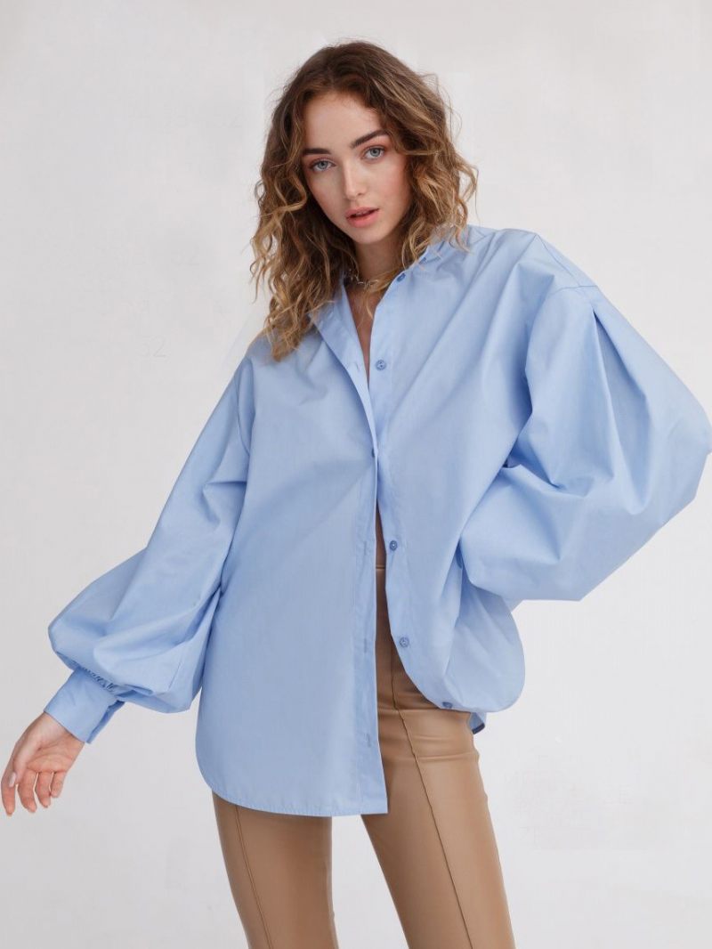 Chemise Pour Femmes Boutons Blancs Col Rabattu Décontracté Haut Manches Longues - Bleu Ciel Clair