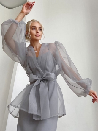 Chemise Pour Femmes Gris Stretch Plissé À Lacets Col V Décontracté Manches Longues Tulle Hauts