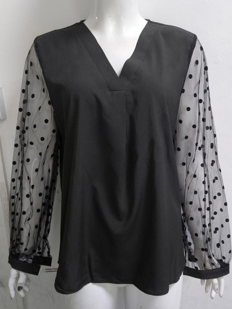 Chemise Pour Femmes Noir Polyester Col V Décontracté À Pois Haut Manches Longues - Noir