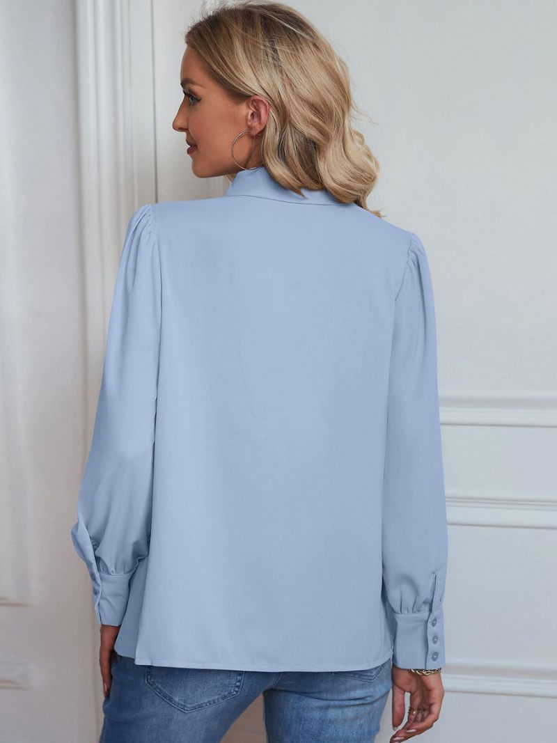 Chemisier Pour Femmes Blanc Col V Décontracté Manches Longues Hauts - Bleu Ciel Clair