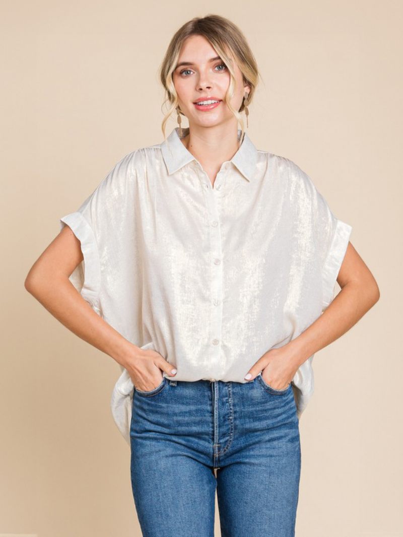 Chemisier Pour Femmes Blanc Surdimensionné Plissé Col Rabattu Décontracté Manches Courtes Polyester Hauts - Blanc