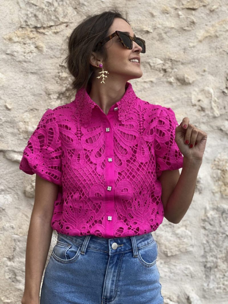 Chemisier À Manches Bouffantes Boutonné Élégant Quotidien Décontracté Haut Pour Femme - Rose