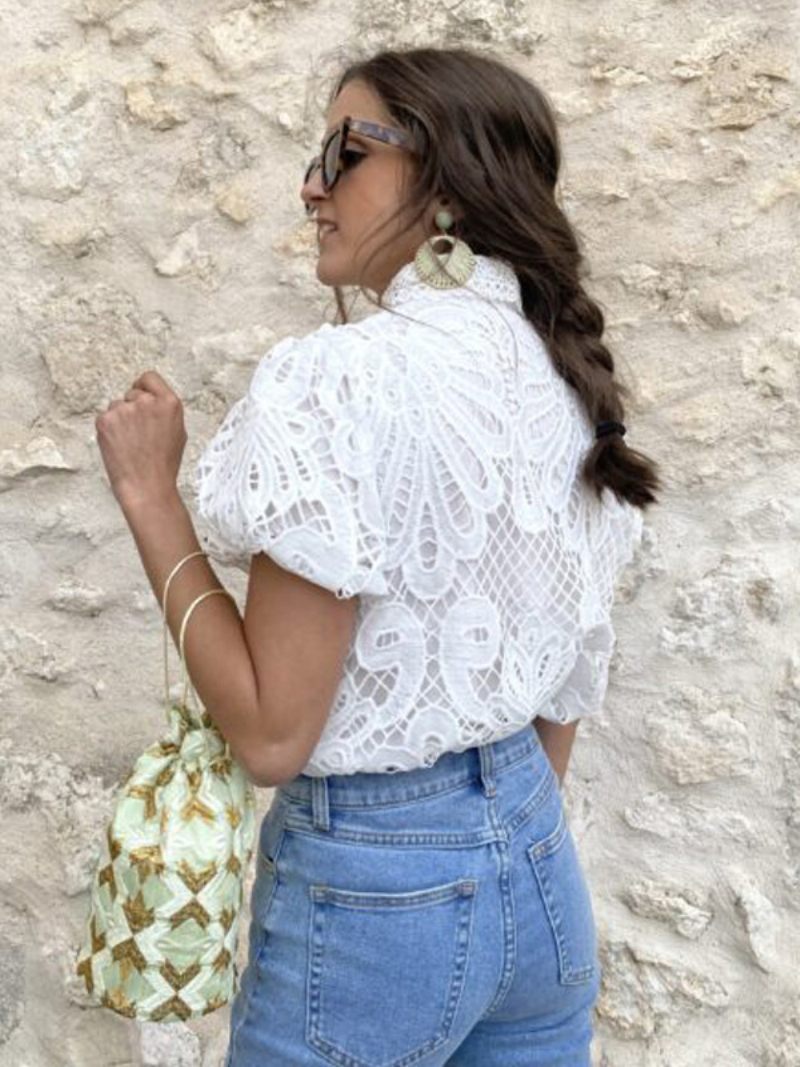 Chemisier À Manches Bouffantes Boutonné Élégant Quotidien Décontracté Haut Pour Femme - Blanc