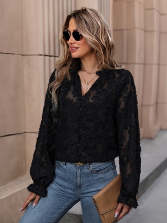 Flroal Applique Blouse Col V Manches Longues Haut Pour Femme Noir