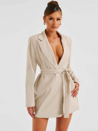 Blazer Ceinturé Revers Cranté Manches Longues Manteau Pour Femme Couleur Unie