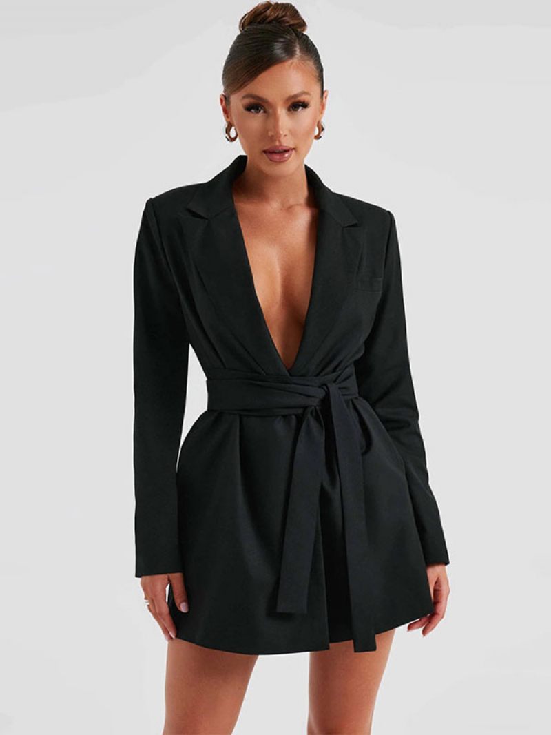 Blazer Ceinturé Revers Cranté Manches Longues Manteau Pour Femme Couleur Unie - Noir