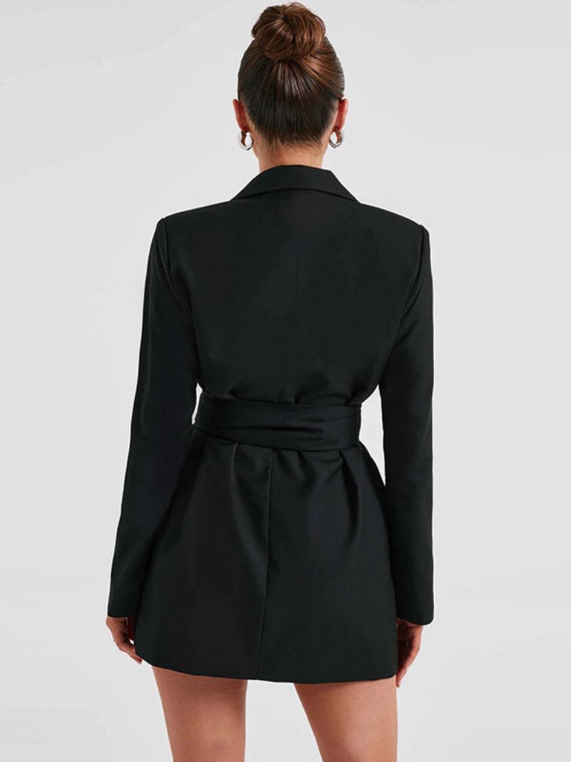 Blazer Ceinturé Revers Cranté Manches Longues Manteau Pour Femme Couleur Unie - Noir