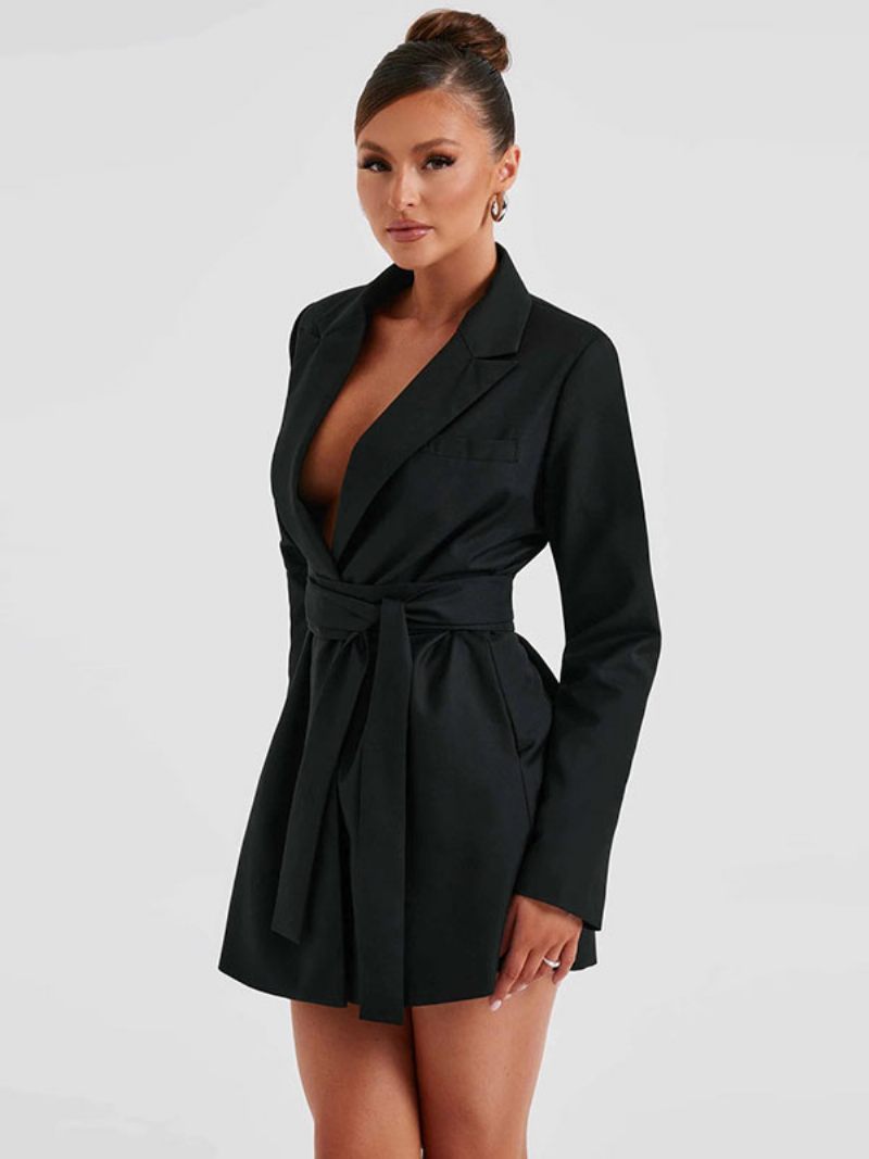 Blazer Ceinturé Revers Cranté Manches Longues Manteau Pour Femme Couleur Unie - Noir