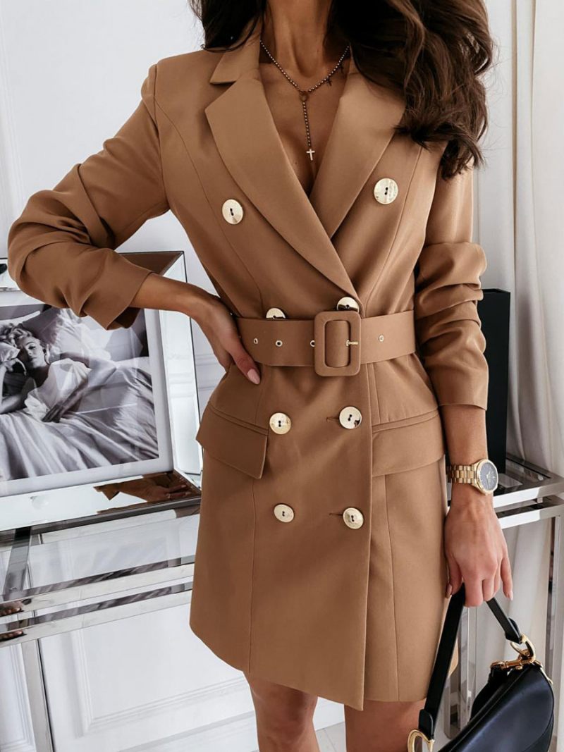 Robe Blazer Blanche À Double Boutonnage Couleur Unie Coupe Cintrée Ceinture Décontractée Vêtements D'extérieur Pour Femmes Printemps Et Automne - Kaki