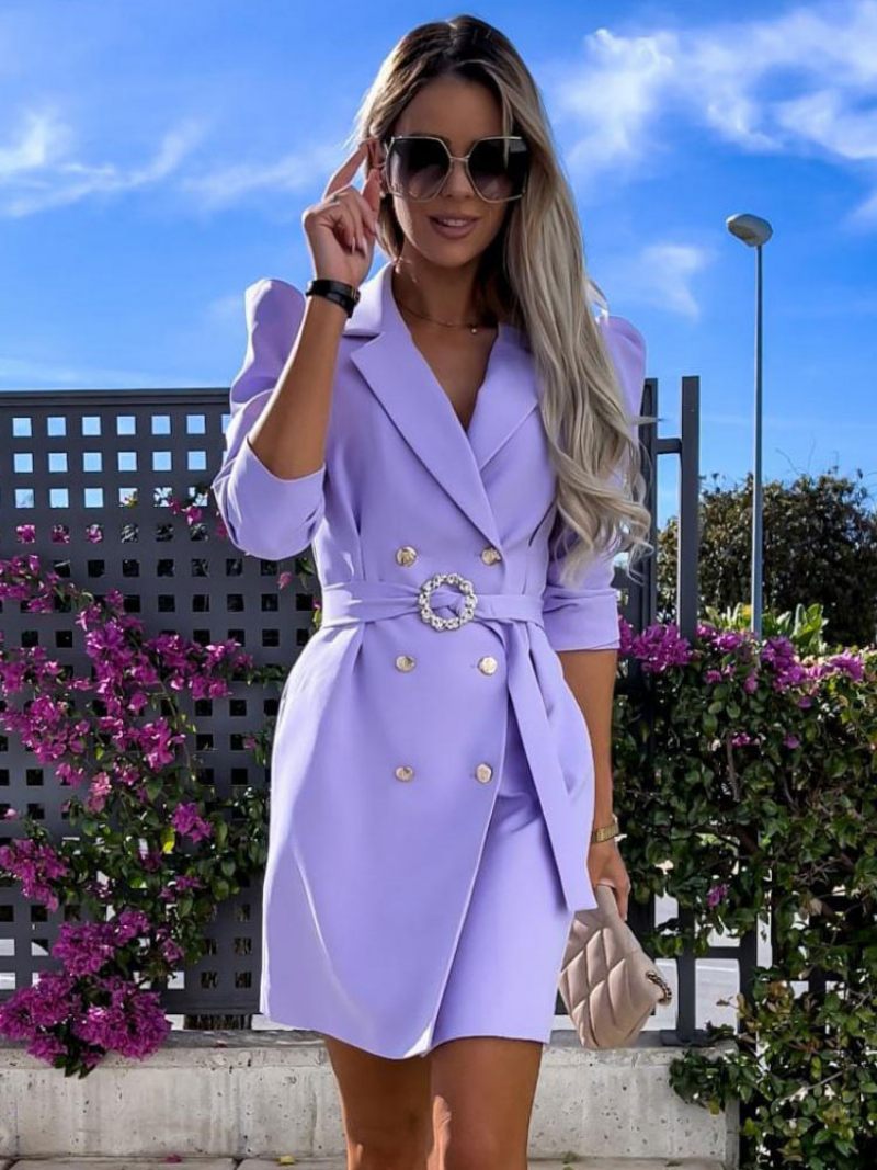 Robe Blazer À Double Boutonnage Avec Ceinture Blanche Couleur Unie Coupe Cintrée Décontractée Élégante Printemps-automne Vêtements D'extérieur Pour Femmes - Violet