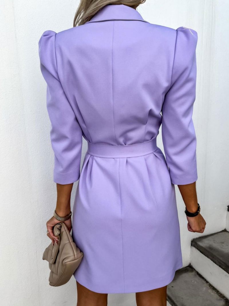 Robe Blazer À Double Boutonnage Avec Ceinture Blanche Couleur Unie Coupe Cintrée Décontractée Élégante Printemps-automne Vêtements D'extérieur Pour Femmes - Violet