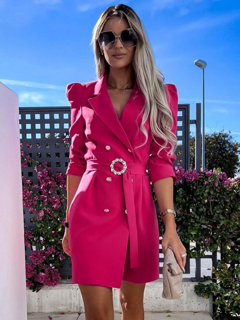 Robe Blazer À Double Boutonnage Avec Ceinture Blanche Couleur Unie Coupe Cintrée Décontractée Élégante Printemps-automne Vêtements D'extérieur Pour Femmes - Rose