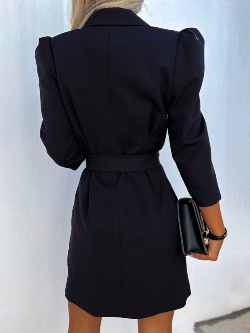 Robe Blazer À Double Boutonnage Avec Ceinture Blanche Couleur Unie Coupe Cintrée Décontractée Élégante Printemps-automne Vêtements D'extérieur Pour Femmes - Noir