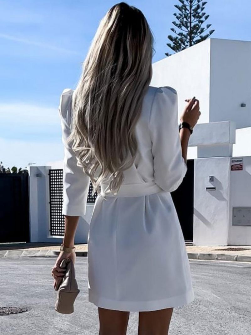 Robe Blazer À Double Boutonnage Avec Ceinture Blanche Couleur Unie Coupe Cintrée Décontractée Élégante Printemps-automne Vêtements D'extérieur Pour Femmes - Blanc