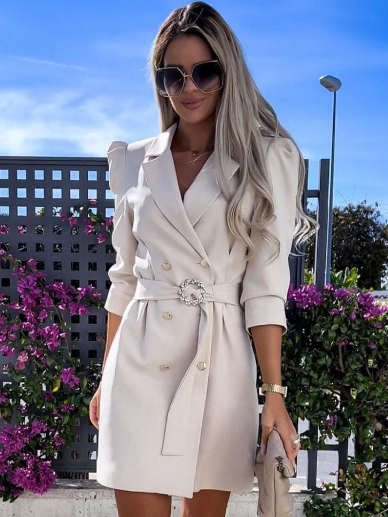 Robe Blazer À Double Boutonnage Avec Ceinture Blanche Couleur Unie Coupe Cintrée Décontractée Élégante Printemps-automne Vêtements D'extérieur Pour Femmes - Kaki