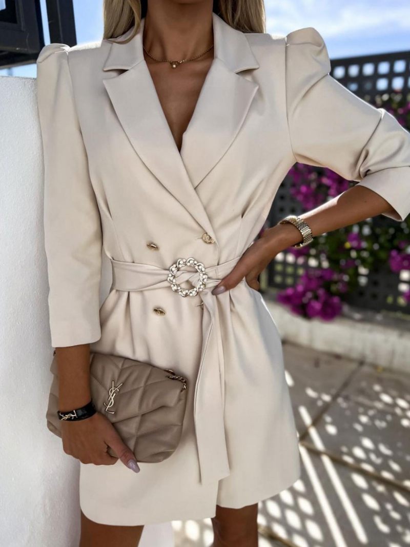 Robe Blazer À Double Boutonnage Avec Ceinture Blanche Couleur Unie Coupe Cintrée Décontractée Élégante Printemps-automne Vêtements D'extérieur Pour Femmes - Kaki