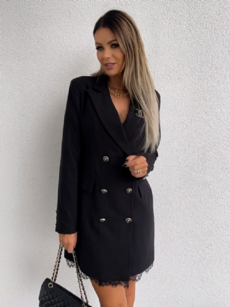 Robe Blazer À Double Boutonnage Couleur Unie Ourlet Dentelle Coupe Décontractée Vêtements D'extérieur Décontractés Pour Printemps Et Automne Femmes