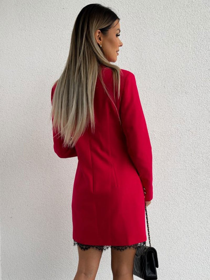 Robe Blazer À Double Boutonnage Couleur Unie Ourlet Dentelle Coupe Décontractée Vêtements D'extérieur Décontractés Pour Printemps Et Automne Femmes - Rouge