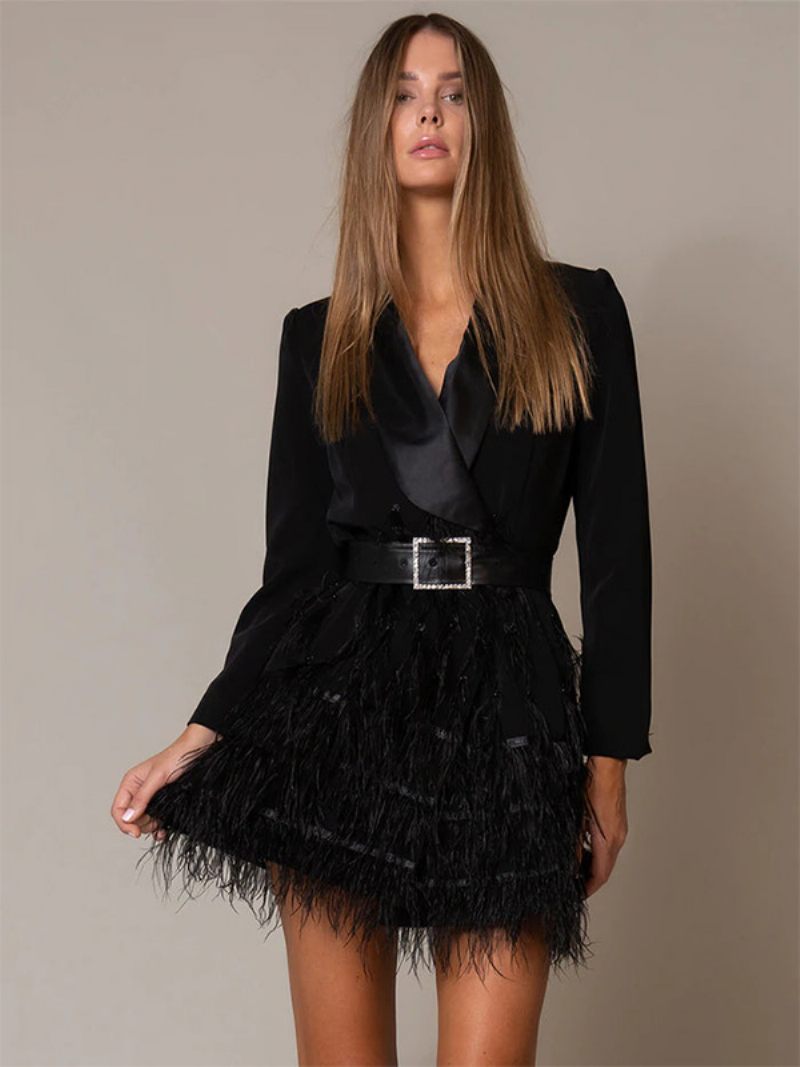 Robe Blazer Pour Femmes Plumes À Plusieurs Niveaux Col V Ceinturée Mini Robes D'affaires Décontractées - Noir