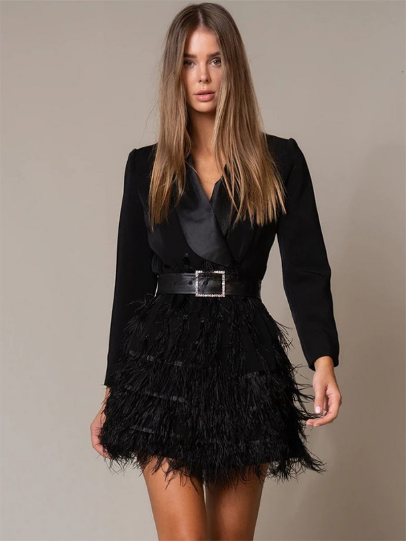 Robe Blazer Pour Femmes Plumes À Plusieurs Niveaux Col V Ceinturée Mini Robes D'affaires Décontractées - Noir