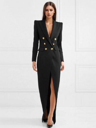 Robe Blazer Longue À Fente Haute Double Boutonnage Vêtements D'extérieur Printemps Pour Femmes