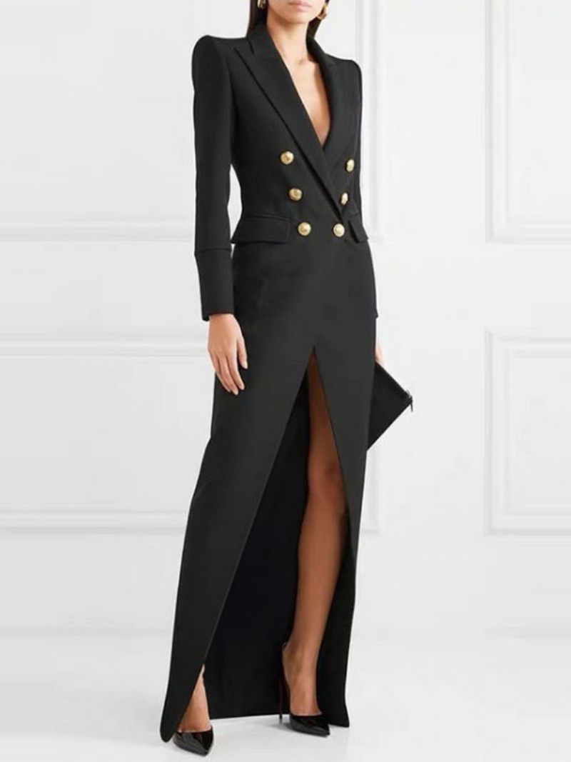 Robe Blazer Longue À Fente Haute Double Boutonnage Vêtements D'extérieur Printemps Pour Femmes - Noir