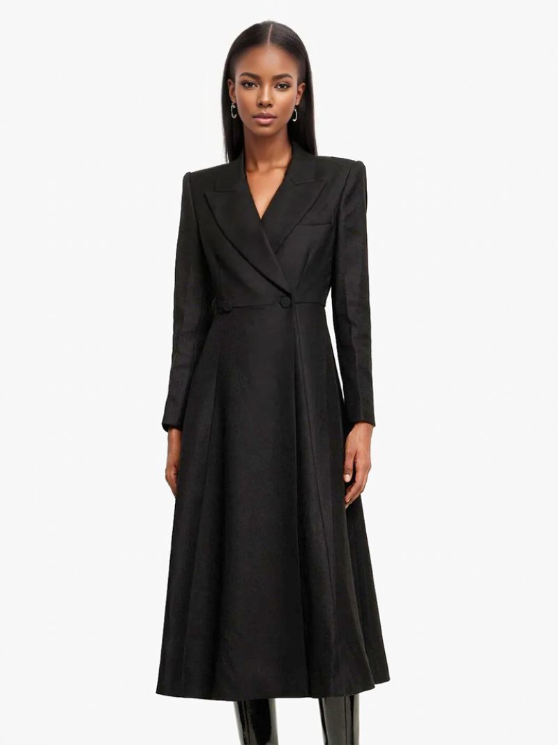 Robe Blazer Noire Col Rabattu Manches Longues Poches Vêtements D'extérieur Longs Décontractés Pour Femmes