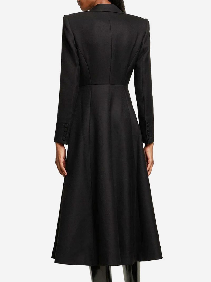 Robe Blazer Noire Col Rabattu Manches Longues Poches Vêtements D'extérieur Longs Décontractés Pour Femmes - Noir