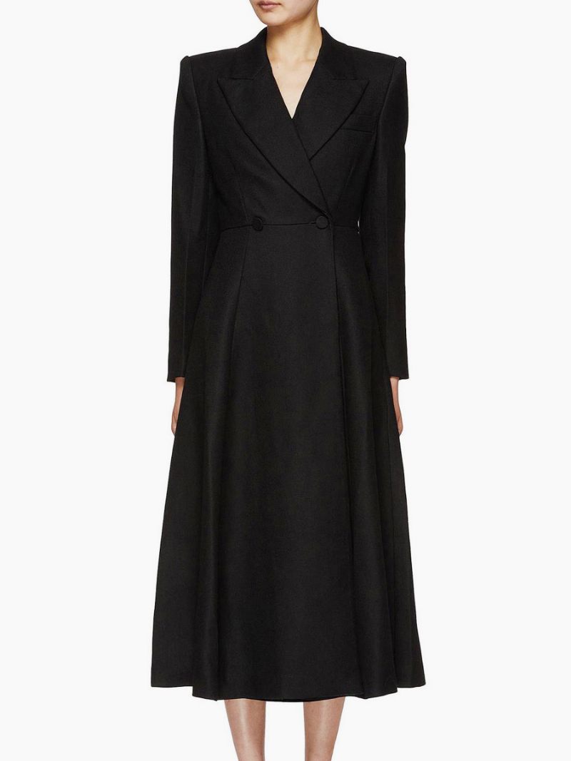 Robe Blazer Noire Col Rabattu Manches Longues Poches Vêtements D'extérieur Longs Décontractés Pour Femmes - Noir