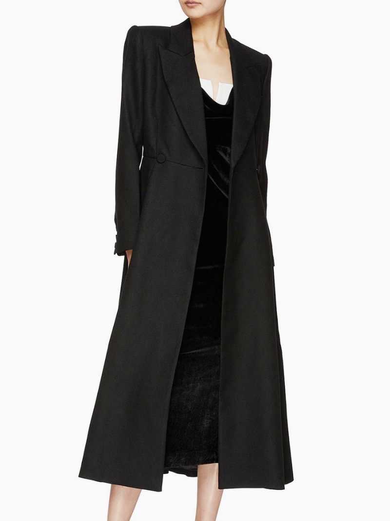 Robe Blazer Noire Col Rabattu Manches Longues Poches Vêtements D'extérieur Longs Décontractés Pour Femmes - Noir