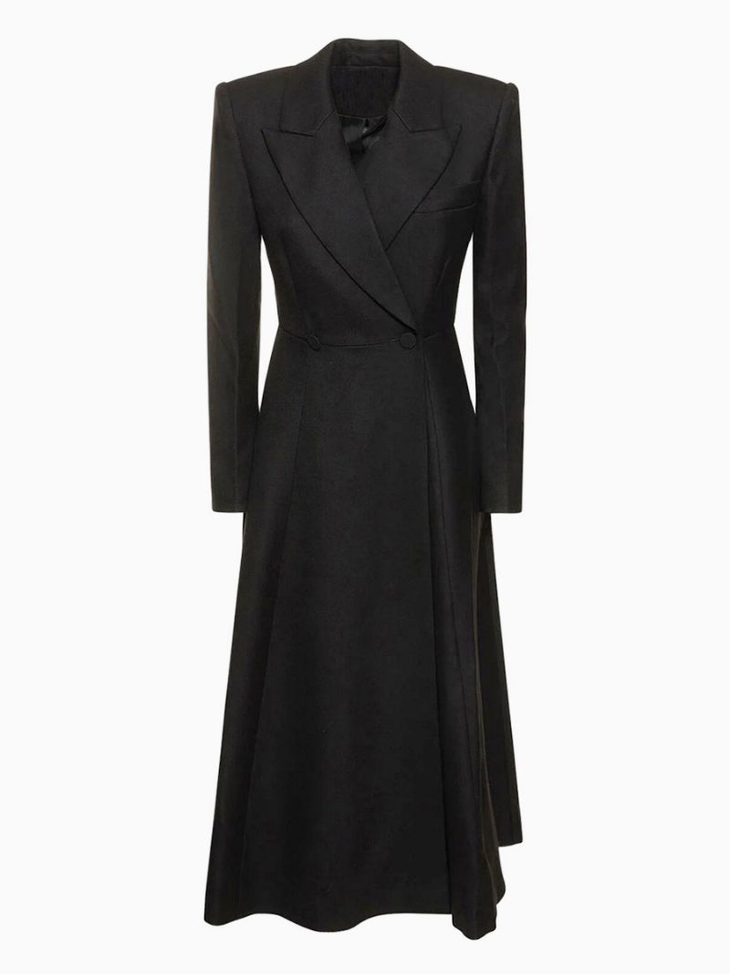 Robe Blazer Noire Col Rabattu Manches Longues Poches Vêtements D'extérieur Longs Décontractés Pour Femmes - Noir