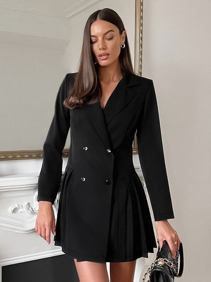 Robe Blazer Plissée À Revers Cranté Pour Femme Mini Décontractée - Noir