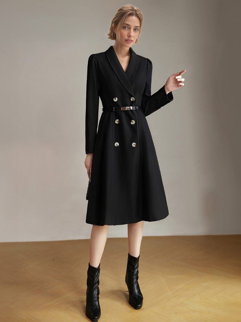 Robes Blazer Pour Femmes Ceinture À Revers Manches Longues Longueur Aux Genoux Robe D'affaires Décontractée - Noir