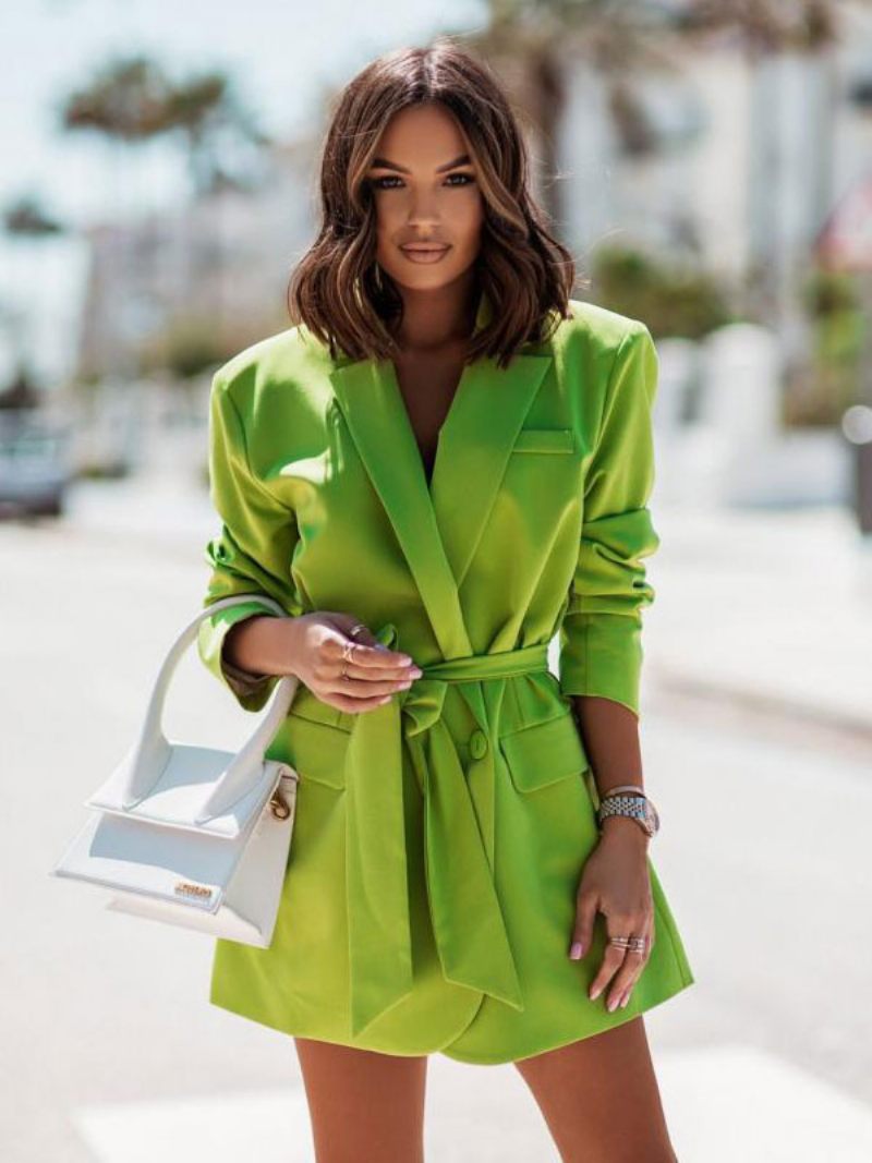 Veste Blazer Bleu Ciel Clair Couleur Unie Col Rabattu Ceinture Surdimensionnée Coupe Décontractée Printemps-automne Vêtements D'extérieur Pour Femmes - Vert Herbe