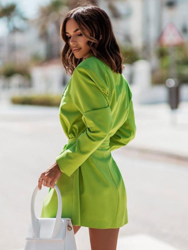 Veste Blazer Bleu Ciel Clair Couleur Unie Col Rabattu Ceinture Surdimensionnée Coupe Décontractée Printemps-automne Vêtements D'extérieur Pour Femmes - Vert Herbe