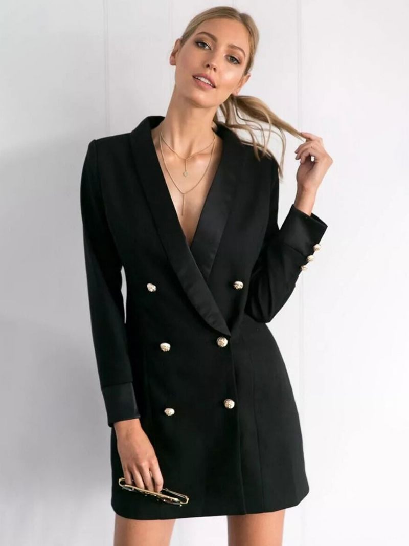 Veste Blazer À Double Boutonnage Et Col V Pour Femme - Noir