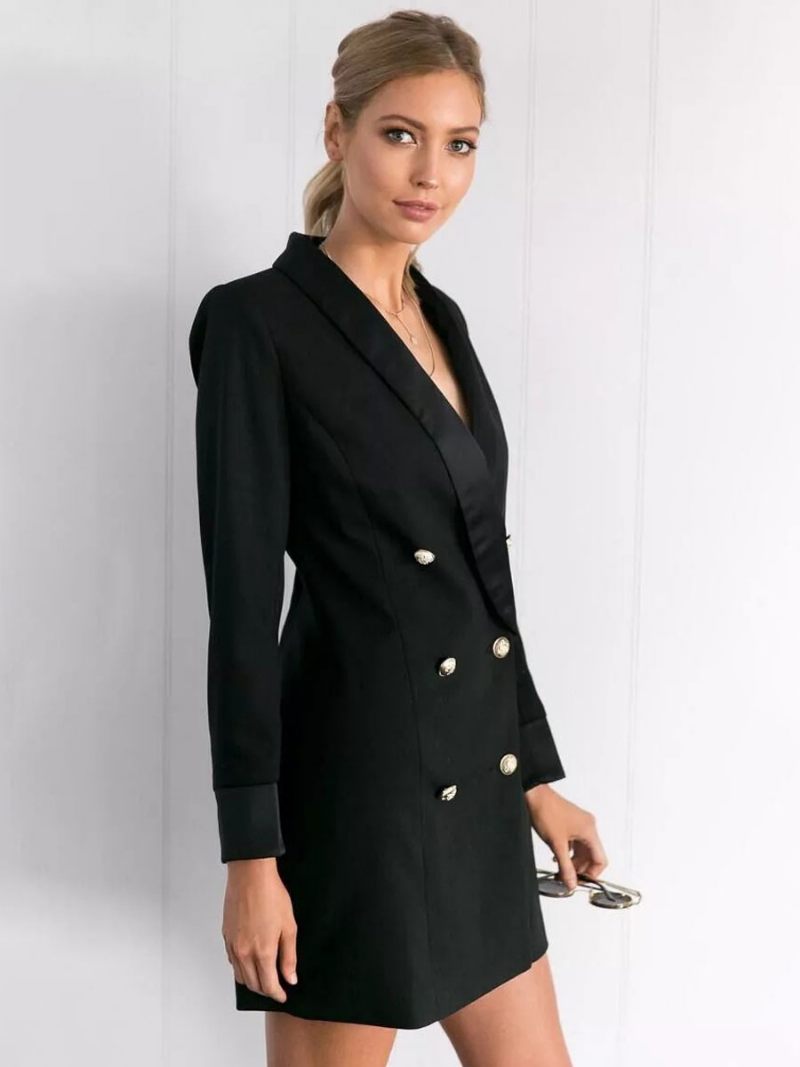 Veste Blazer À Double Boutonnage Et Col V Pour Femme - Noir